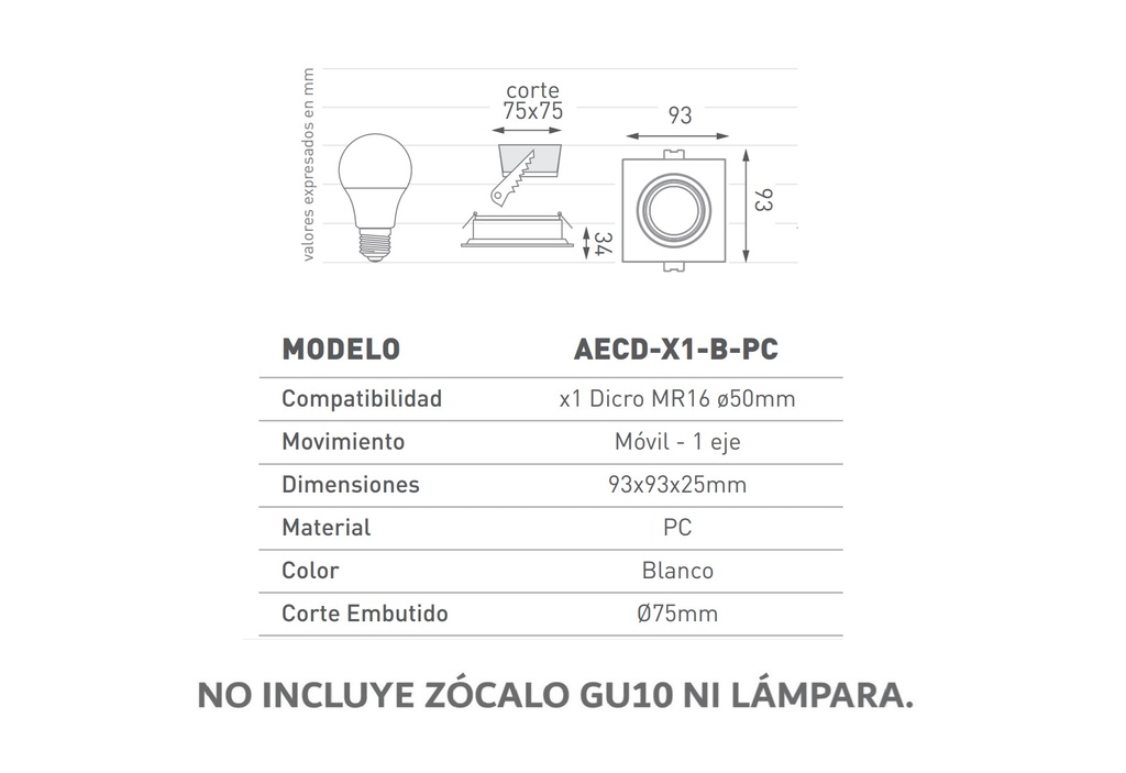 Spot para embutir cuadrado Macroled blanco