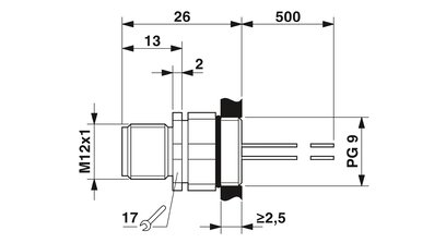 Macho de montaje incorporado para sensores/actuadores, 4 polos, M12, codificado A, montaje en paredes delanteras/montaje atornillado con rosca Pg9, posicionable, con hilo TPE de 0,5 m, 4 x 0,34 mm²