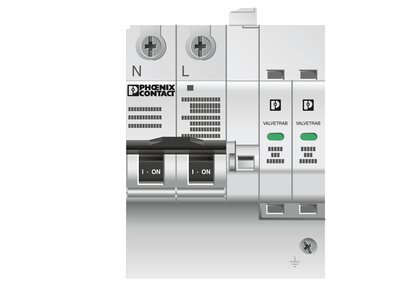 Combinación de protección contra sobretensiones tipo 2 y fusible previo de descargador, con monitorización del descargador y del fusible previo, en combinación con contacto de indicación remota. Ejecución: Sistema de 3 conductores (L1, N, PE), montaje en 
