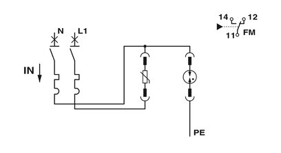 Combinación de protección contra sobretensiones tipo 2 y fusible previo de descargador, con monitorización del descargador y del fusible previo, en combinación con contacto de indicación remota. Ejecución: Sistema de 3 conductores (L1, N, PE), montaje en 