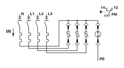 Combinación de protección contra sobretensiones tipo 2 y fusible previo de descargador, con monitorización del descargador y del fusible previo, en combinación con contacto de indicación remota. Ejecución: Sistema de 5 conductores (L1, L2, L3, N, PE), mon