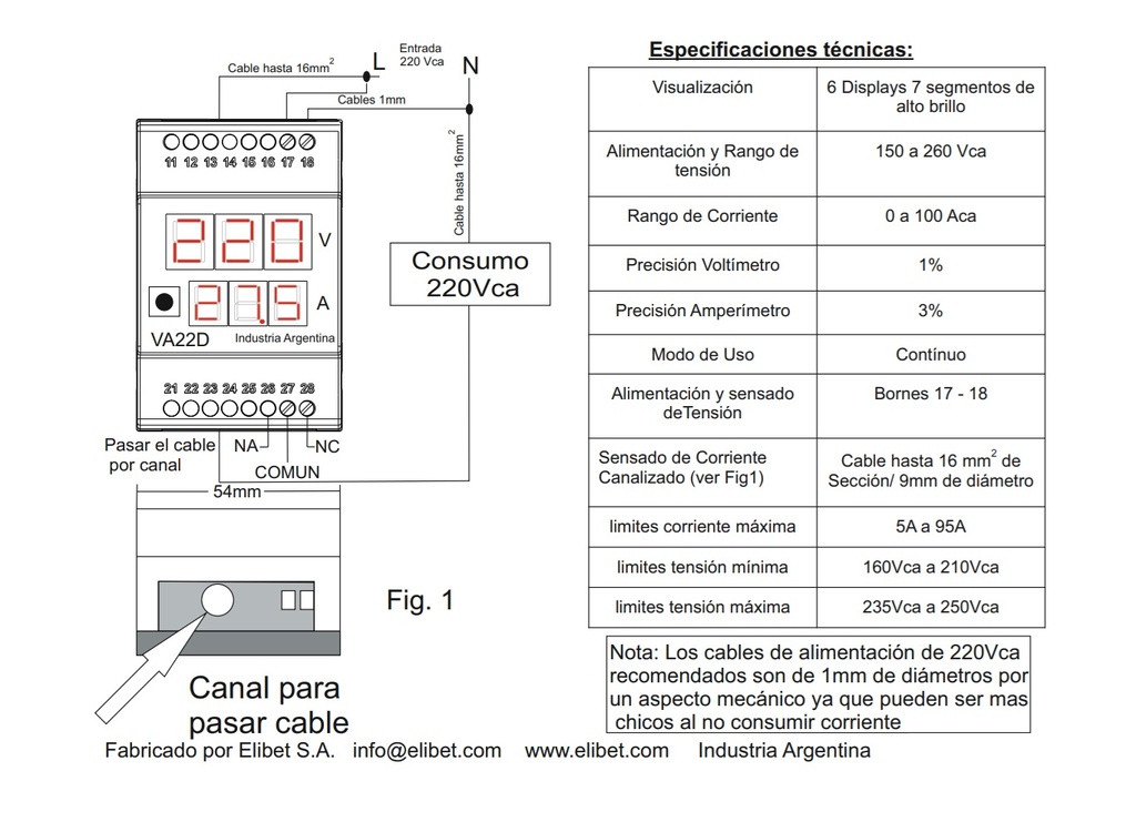 ELIBET VA22D VOLTIMETRO AMPERIMETRO MONOF DIN 150A 220VCA