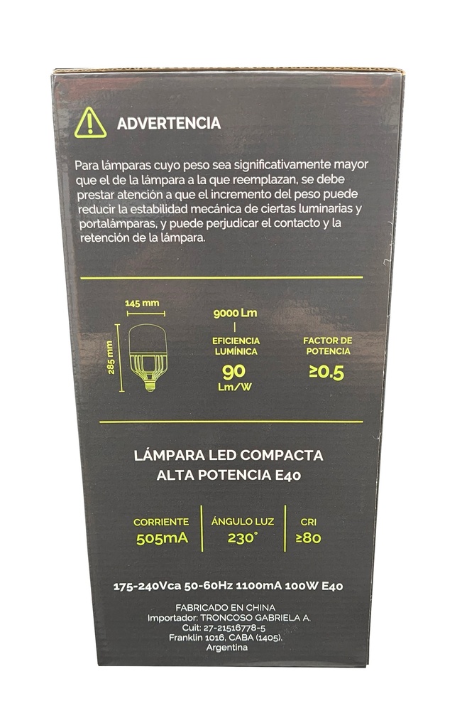 Lampara LED Alta Potencia 100W - LUZ FRÍA 6500K