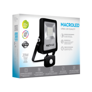 REFLECTOR LED CON SENSOR DE MOVIMIENTO MACROLED 20W AC100-240V FRIO 6500K