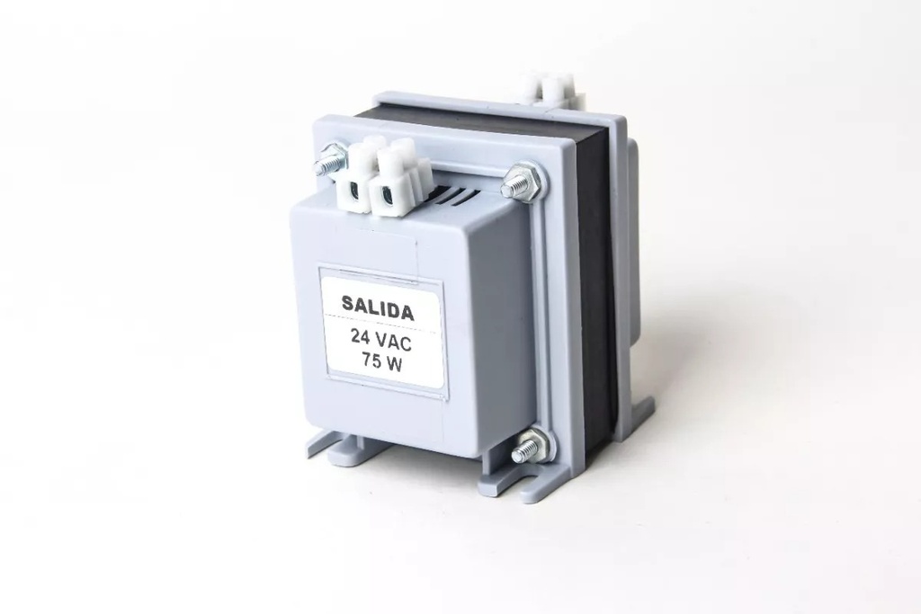 TRANSFORMADOR PARA USO INDUSTRIAL (TABLEROS, COMANDOS, CONTACTORES) ENTRADA 220V. / SALIDA 24V. 50Hz. CORRIENTE ALTERNA - 75W. Con tapas y bornes