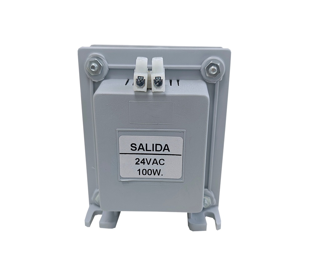 TRANSFORMADOR PARA USO INDUSTRIAL (TABLEROS, COMANDOS, CONTACTORES) ENTRADA 220V. / SALIDA 24V. 50Hz. CORRIENTE ALTERNA - 100W. Con tapas y bornes