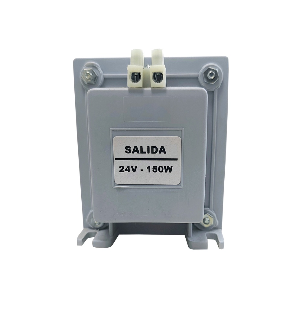 TRANSFORMADOR PARA USO INDUSTRIAL (TABLEROS, COMANDOS, CONTACTORES) ENTRADA 220V. / SALIDA 24V. 50Hz. CORRIENTE ALTERNA - 150W. Con tapas y bornes