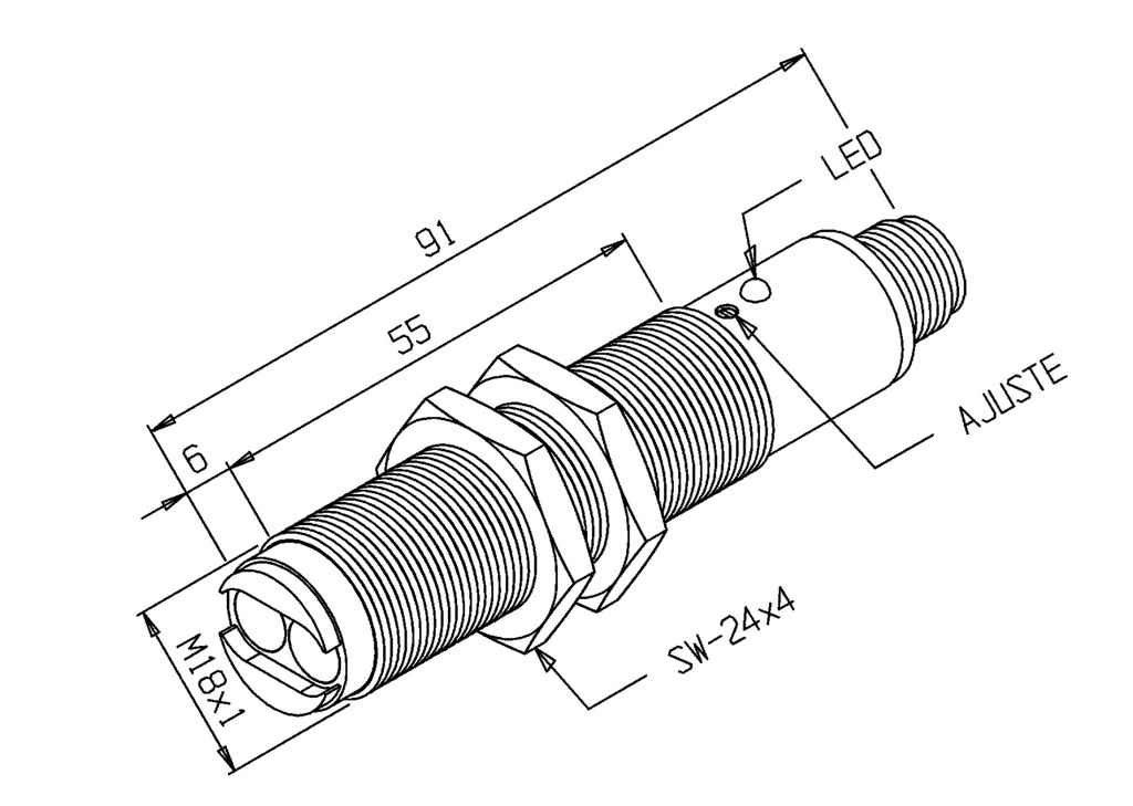 Sensor optico PNP Diam.18 Distancia 200mm. 10-30VDC c/conector