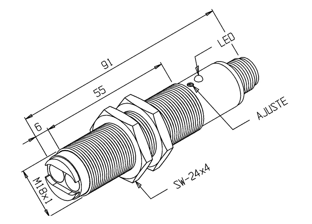 Sensor optico NPN Diam.18 Distancia 200mm. 10-30VDC c/conector