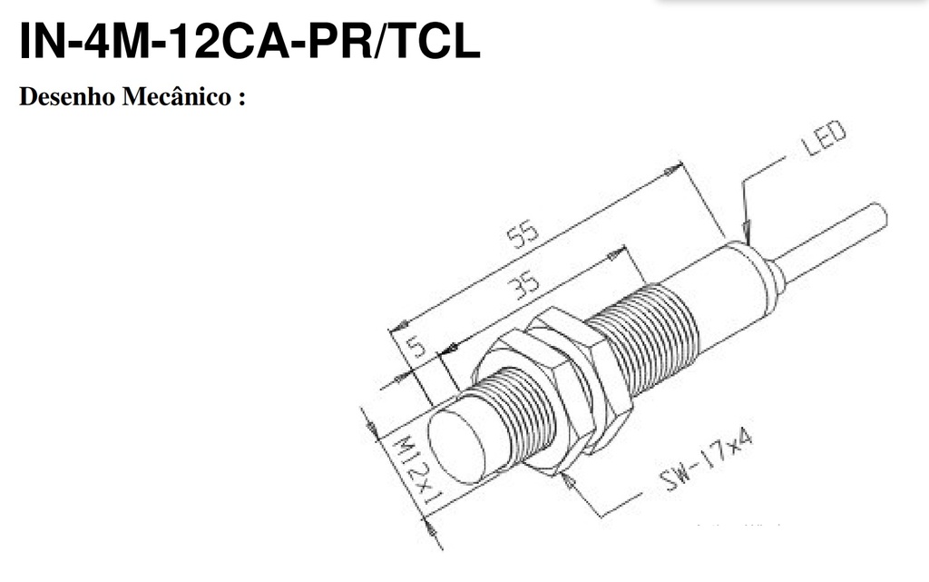 Sensor inductivo PNP Diam.12 Distancia 4mm 10-30VDC c/cable