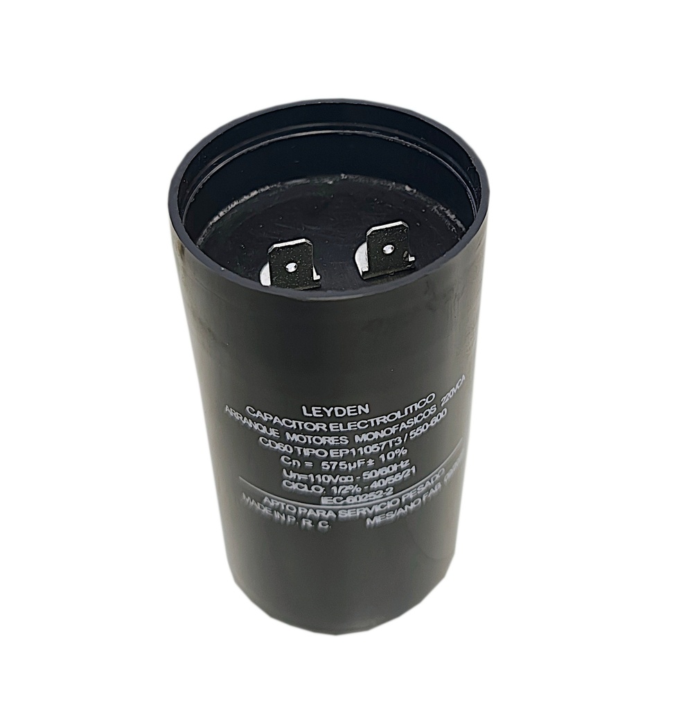CAPACITOR ELECTROLÍTICO PARA ARRANQUE DE MOTORES EN 220vca 550 / 600 uf.