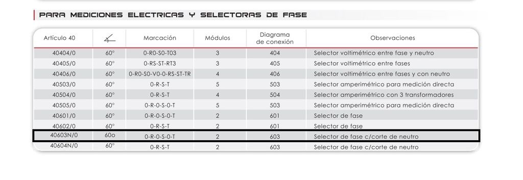 40603N/0 - SELEC.FASE TRIFASICO 0-R-0-S-0-T 40A