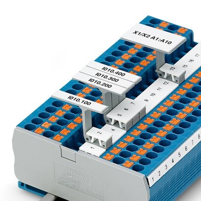 Índice para señalización de grupos, encajable en el centro del borne para bornes de conexión por tornillo, de resorte y de conexión rápida, rotulable con tiras de rotulación ESL 26 x 6 mm o EST 25 x 6 mm, en el pie de encaje con tira Zack, longitud: 29 mm