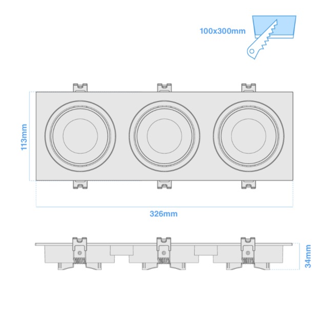 ARTEFACTO DE EMBUTIR CUADRADO ANTIDESLUMBRANTE DICRO X3 MOVIL PVC NEGRO