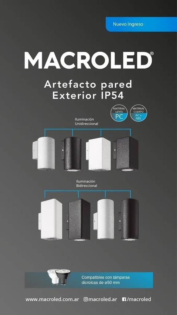 ARTEFACTO DE APLICAR EXTERIOR CUADRADO, COLOR BLANCO, BIDIRECCIONAL, IP54, AC100240V, GU10, 9W MAX