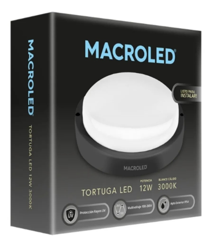 TORTUGA MACROLED REDONDA MARCO NEGRO 12W - IP54 - AC100-265V - FP:0,9 - 1080 lm - BLANCO CALIDO