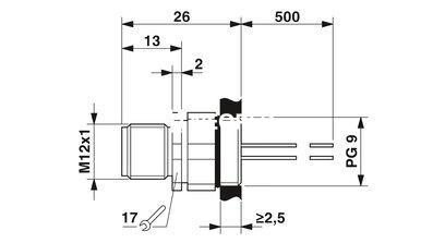 Macho de montaje incorporado para sensores/actuadores, 4 polos, M12, codificado A, montaje en paredes delanteras/montaje atornillado con rosca Pg9, posicionable, con hilo TPE de 0,5 m, 4 x 0,34 mm²