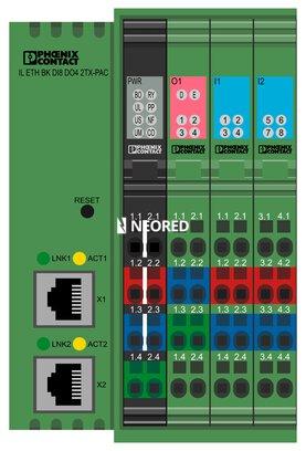 Inline, Acoplador de bus, Modbus/TCP(UDP), Hembra RJ45, Entradas digitales: 8, 24 V DC, técnica de conexión: 3 conductores, Salidas digitales: 4, 24 V DC, 500 mA, técnica de conexión: 3 conductores, velocidad de transmisión en el bus local: 500 kBit/s / 2