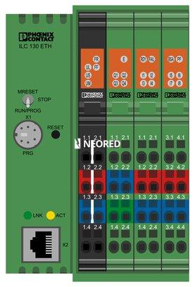 Controlador Inline con interfaces Ethernet para el acoplamiento a otros mandos o sistemas, y posibilidad de programación según IEC 61131-3, completo con conector y superficie de rotulación.