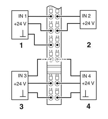 Inline, Módulo de entrada digital, Entradas digitales: 4, 24 V DC, técnica de conexión: 3 conductores, velocidad de transmisión en el bus local: 2 MBit/s, índice de protection: IP20, incluidos Inline conector y superficie de rotulación