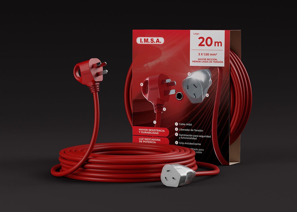 Prolongador Eléctrico 20 metros 3x1.50mm Rojo 5A o 10A / 220v