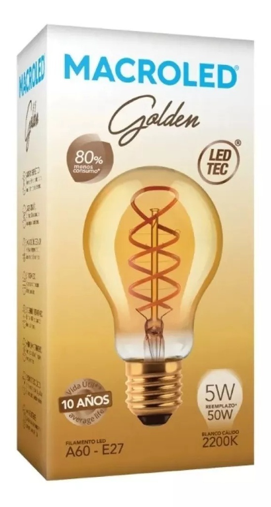 BULBO A60 FILAMENTO GOLDEN MACROLED 5W E27 AC180-265V AMBAR 2200K