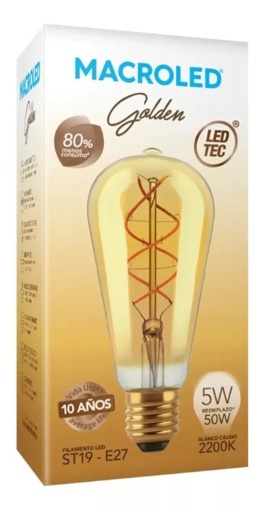 BULBO ST19 FILAMENTO GOLDEN MACROLED 5W E27 AC180-265V AMBAR 2200K