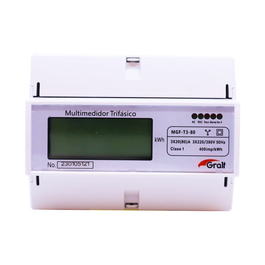 MEDIDOR TRIFASICO DE CONSUMO (GF-3-WHM) Características: Medidor de consumo (kwh acumulados): 0 ~ 999999.9 kWh Rango de voltaje operacional: 220/380V AC
Corriente máxima por fase (Imax): 80A AC (Resistiva)
Rango de frecuencia de operación: 50 Hz
Consumo del equipo < 2W y 10VA / fase
Medición de Energía Activa kWh (Clase 1)
Posee señal de pulso pasiva de energía (IEC 62053-31)
Posee salida de pulso a 5V DC como indicador de consumo
Montaje Riel-Din
Equipo no reseteable, con memoria no volátil