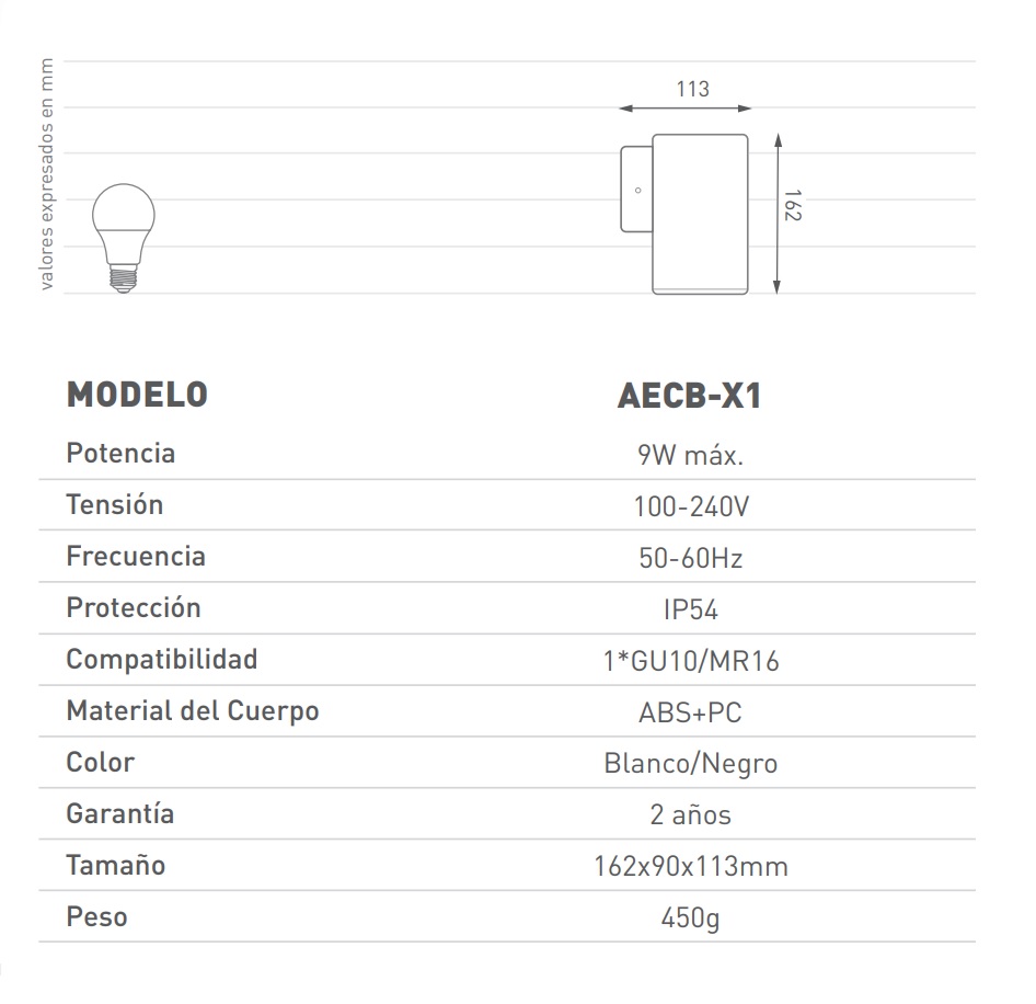ARTEFACTO DE APLICAR EXTERIOR CUADRADO, COLOR BLANCO, UNIDIRECCIONAL, IP54, AC100240V, GU10, 9W MAX