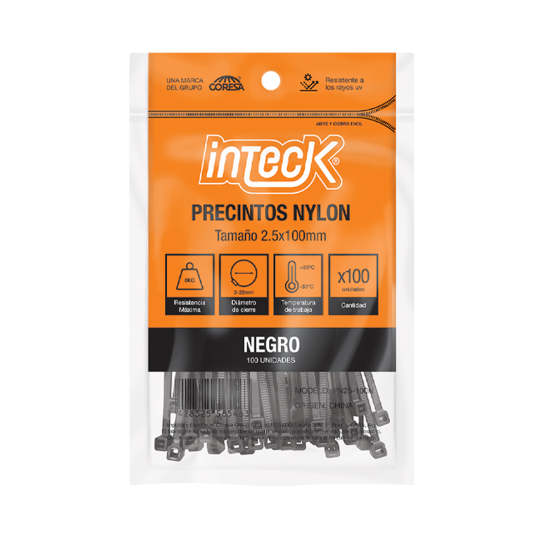 PRECINTO DE NYLON 4.8MM X 250MM - NEGRO X 100 UNI