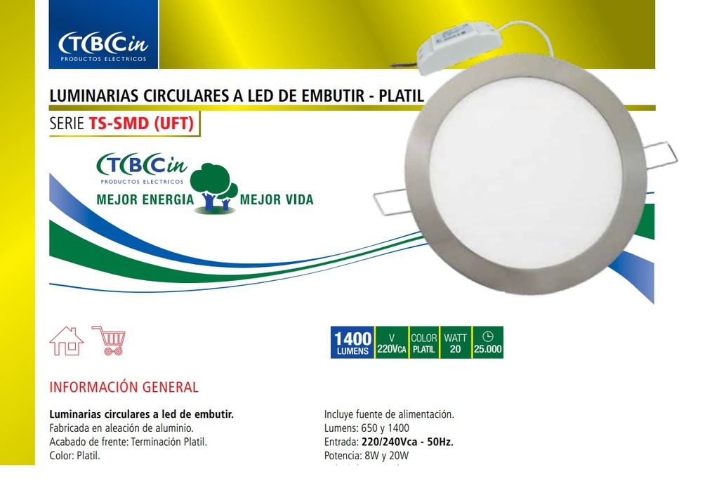 LUMINARIA A LED CIRCULAR DE EMBUTIR 20W LUZ CALIDA PLATIL