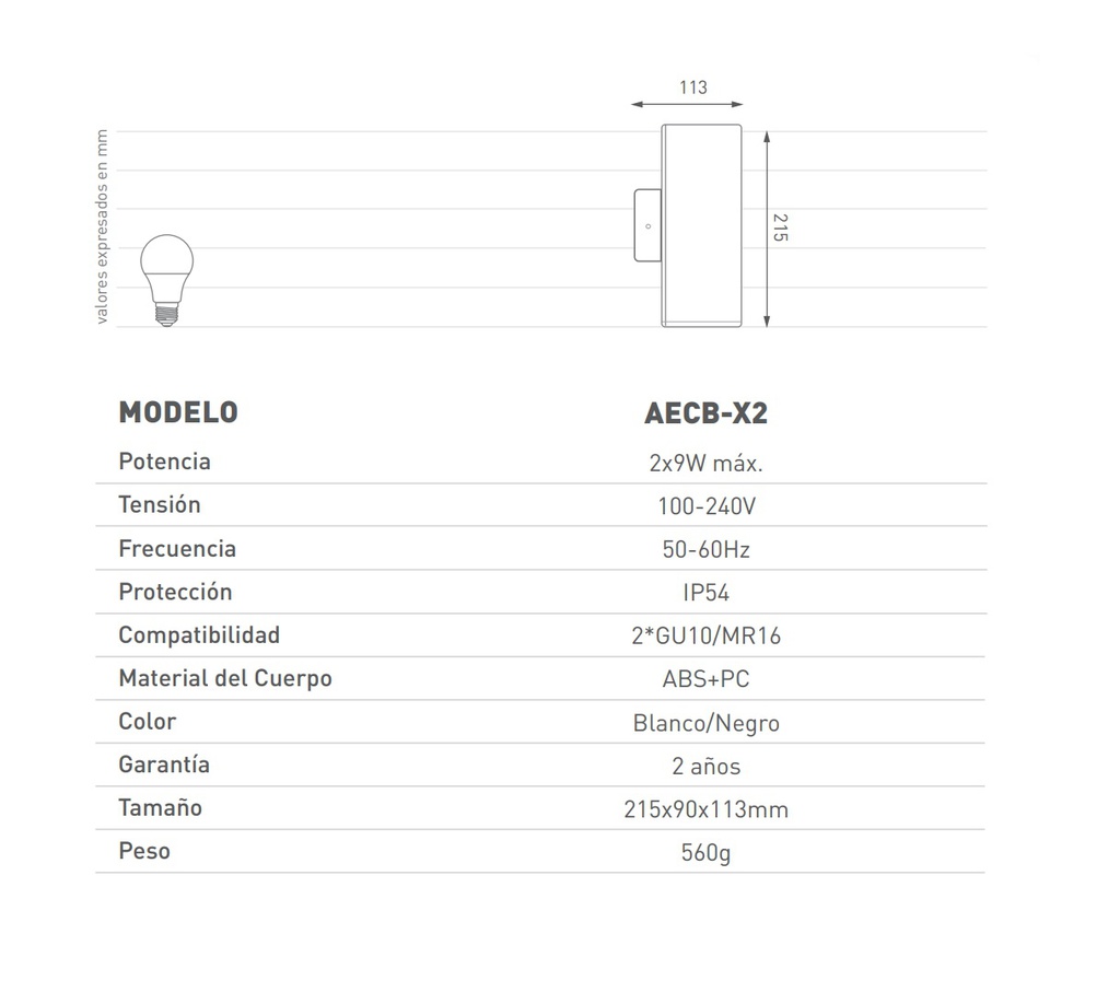ARTEFACTO DE APLICAR EXTERIOR CUADRADO, COLOR BLANCO, BIDIRECCIONAL, IP54, AC100240V, GU10, 9W MAX