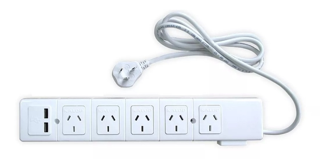 Prolongador múltiple 5 tomacorrientes + USB doble con llave térmica luminosa Color: Blanco
