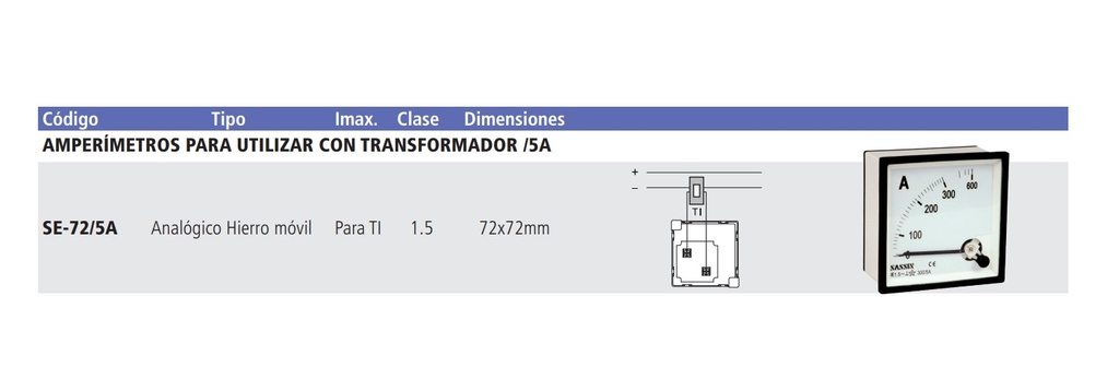 INST. ANALOG. DE PANEL 72X72MM AMPERIMETRO P/USAR C/TRAFO /5A