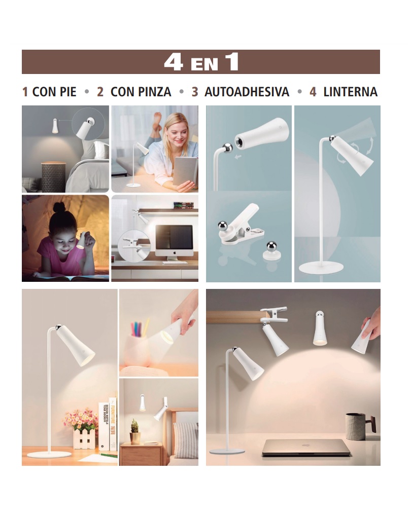 LÁMPARA A LED DE ESCRITORIO AUTÓNOMA CON IMÁN - 4 EN 1 - 3W - Color Blanco - Luz Natural - Batería de Li-Ion - Dimerizable