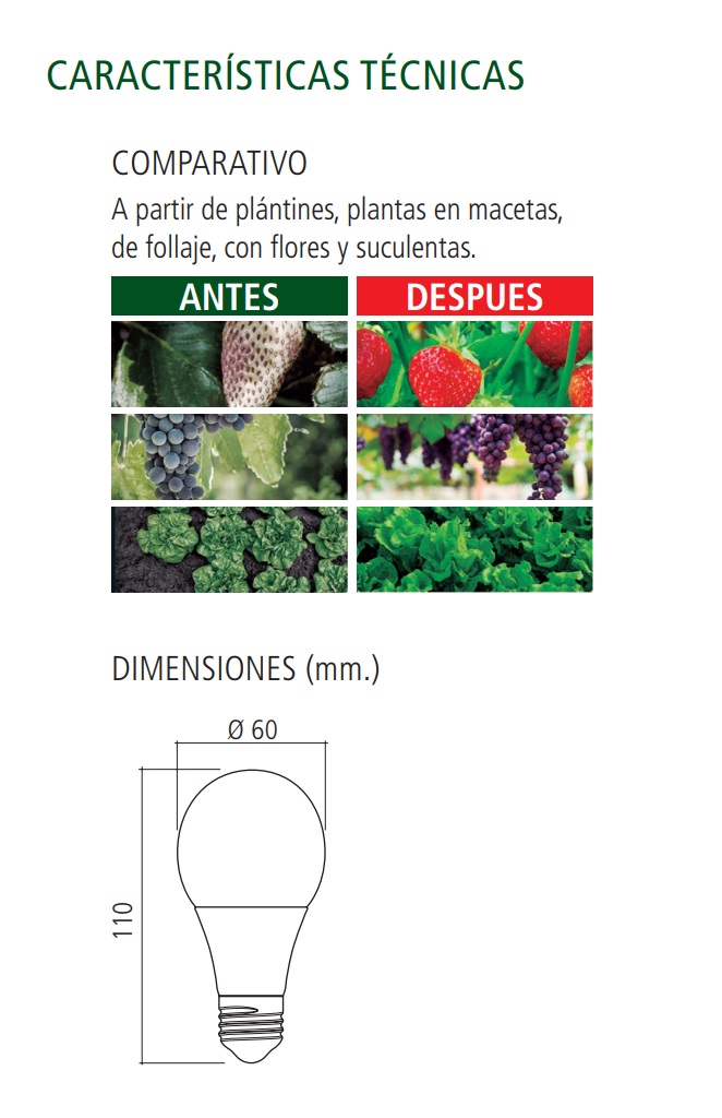 LÁMPARA A LED BULBO - FULL ESPECTRO - 10W - E27 - 230Vca-50Hz - Ángulo 270°