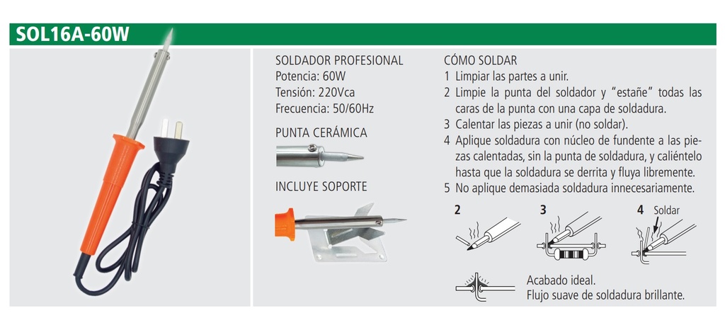 SOLDADOR PROFESIONAL - 60W - 220VCA-50/60HZ - PUNTA CERÁMICA - INCLUYE SOPORTE