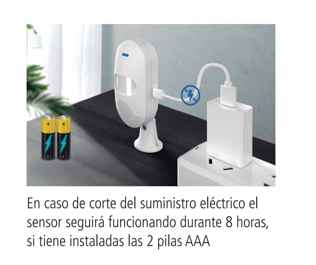 SENSOR DE MOVIMIENTO PIR - PARA PARED - USB 5Vcc - Distancia de trabajo 6 a 9m - Decibeles 105db - Wi-Fi