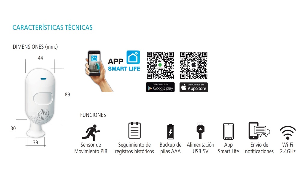 SENSOR DE MOVIMIENTO PIR - PARA PARED - USB 5Vcc - Distancia de trabajo 6 a 9m - Decibeles 105db - Wi-Fi