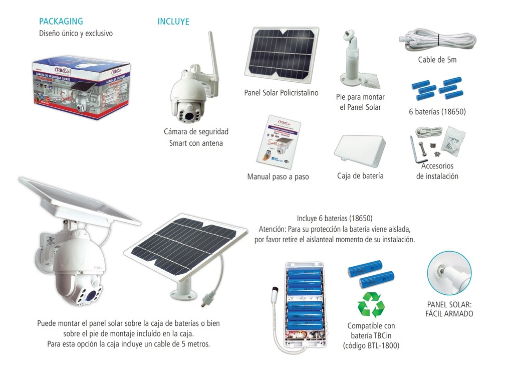 CÁMARA DE SEGURIDAD SMART - DOMO - AUTÓNOMA SOLAR - Full HD 1080P - Resolución 3,6mm - Led 2MP - Panel Solar 8W - Autonomía 30hs