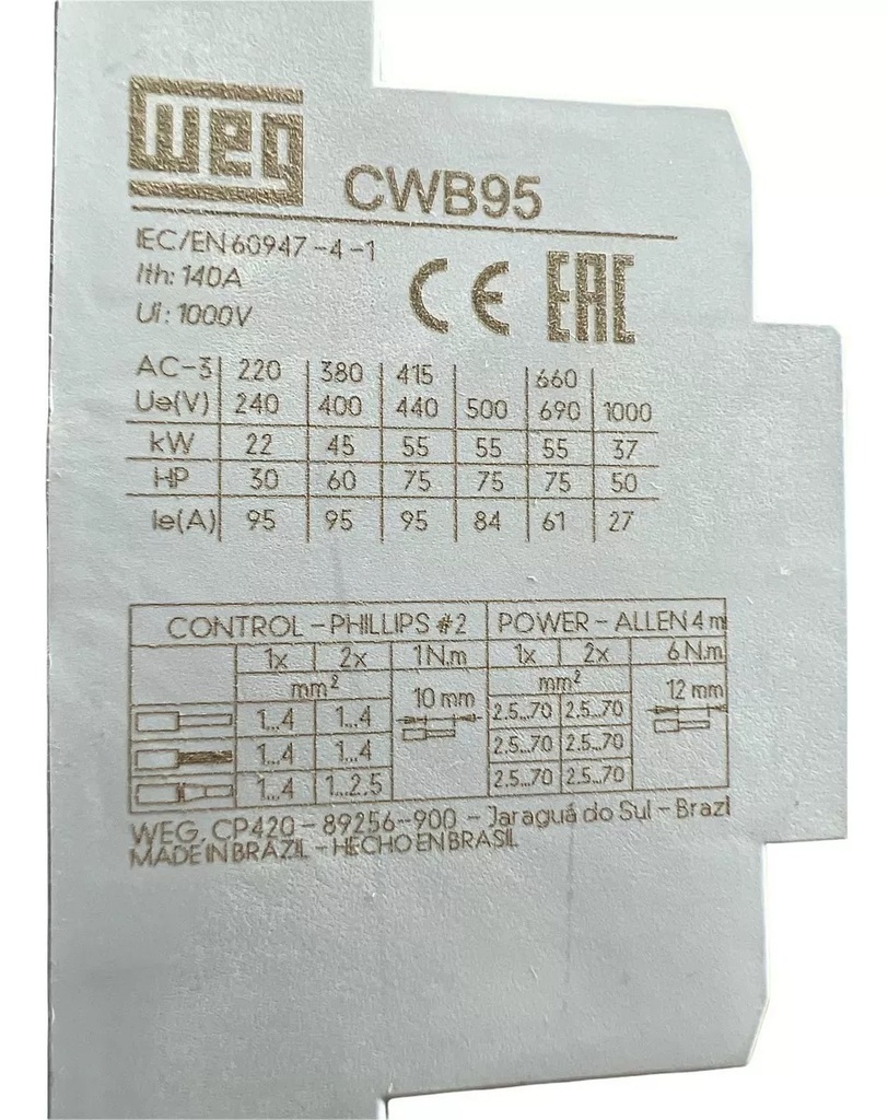-CWB95-11-30 D02- Contactor Tripolar 95A - AC3 - Bob 24Vca - 1NA + 1 NC