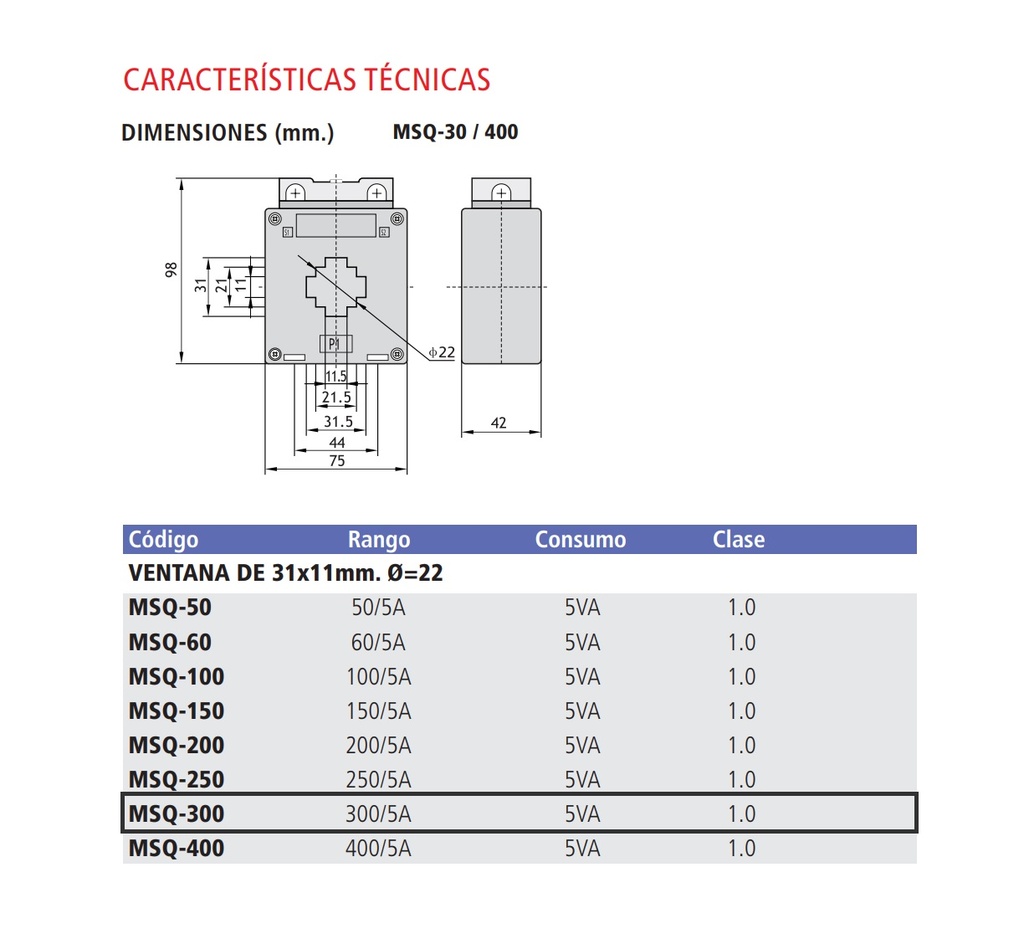 TRANSF. DE INT. DE VENTANA 300/5A VENTANA 31*11