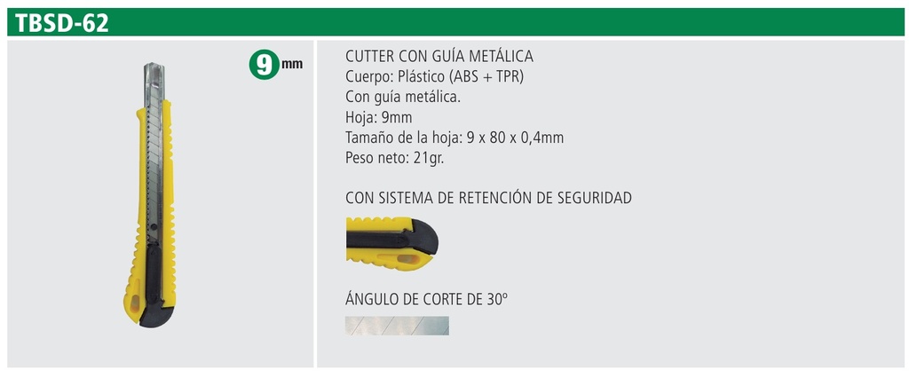 CUTTER - CUERPO DE PLASTICO DE ZINC+ABS+TPR DE 9MM