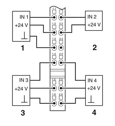 Inline, Módulo de entrada digital, Entradas digitales: 4, 24 V DC, técnica de conexión: 3 conductores, velocidad de transmisión en el bus local: 2 MBit/s, índice de protection: IP20, incluidos Inline conector y superficie de rotulación