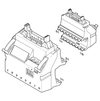 Adaptador V8 para 8 x PLC-INTERFACE (6,2 mm); Mando: Sistema de cableado PLC de tarjetas de salida; conexión 1: Conexión enchufable (Encajable en 8x bornes PLC-INTERFACE); conexión 2: 1x Conector macho IDC/FLK (14-polos); número de canales: 8; lógica de m