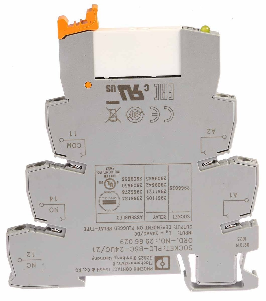 Borne de base PLC de 6,2 mm con conexión por tornillo, sin equipamiento de relé o relé de estado sólido, para montar sobre carril NS 35/7,5, 1 contacto conmutado, tensión de entrada 24 V AC/DC