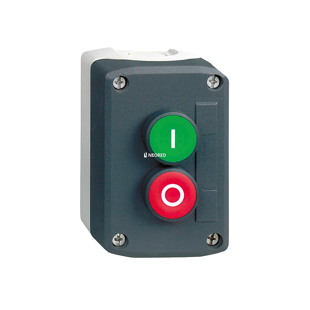 Caja plástica, con 2 pulsadores verde 1NA y rojo 1NC, etiquetas I/O