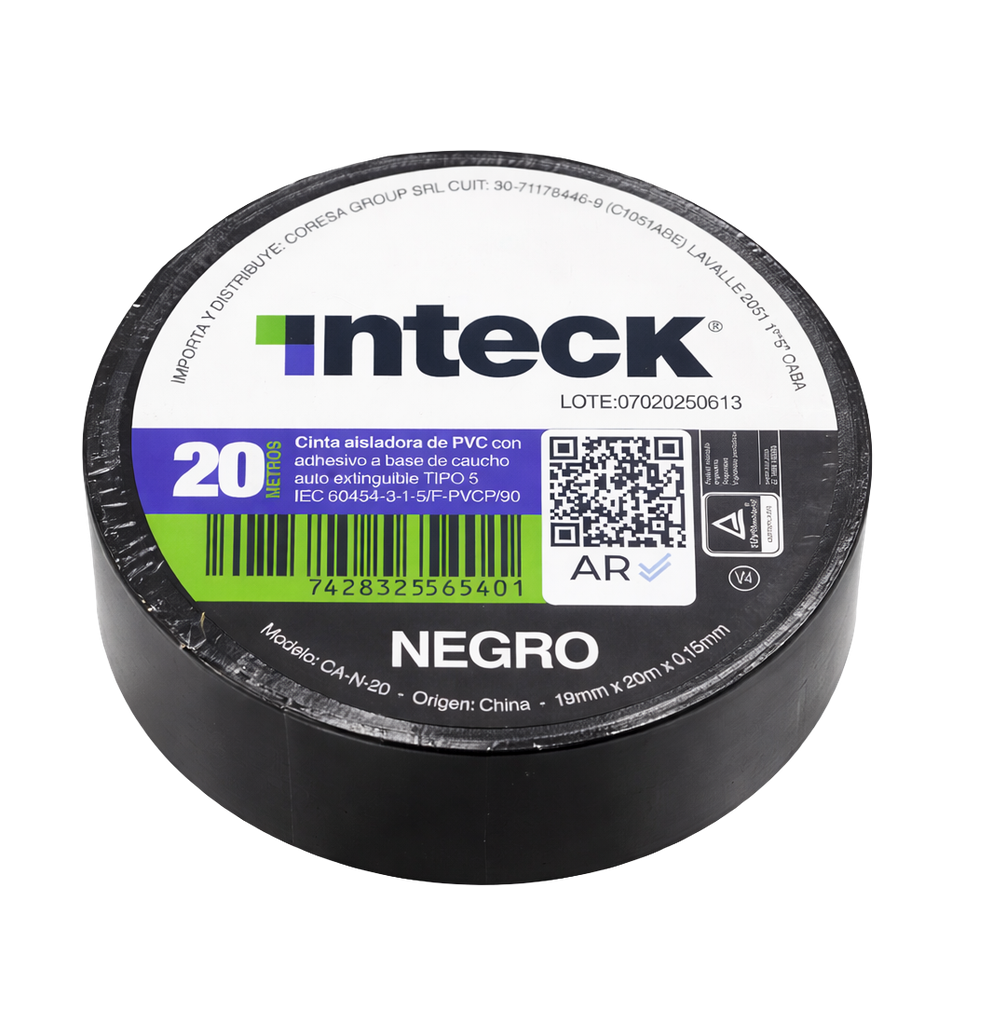 CINTA ADHESIVA PVC INTECK - NEGRA 20 METROS