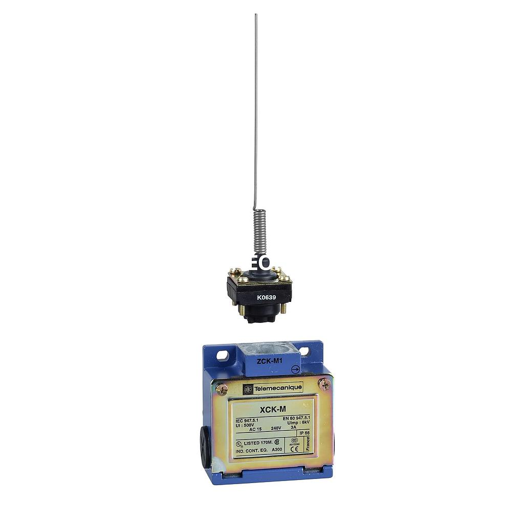 Dis-Interruptor de Posición Metal, 3 acometidas de Cable, Varilla Flexible y Resorte, 1NA+1NC