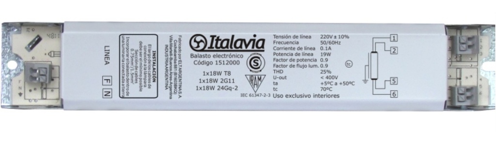 BALASTO E.FLU.1X18W.T8.220V.50/60HZ.CL1.ITALAVIA